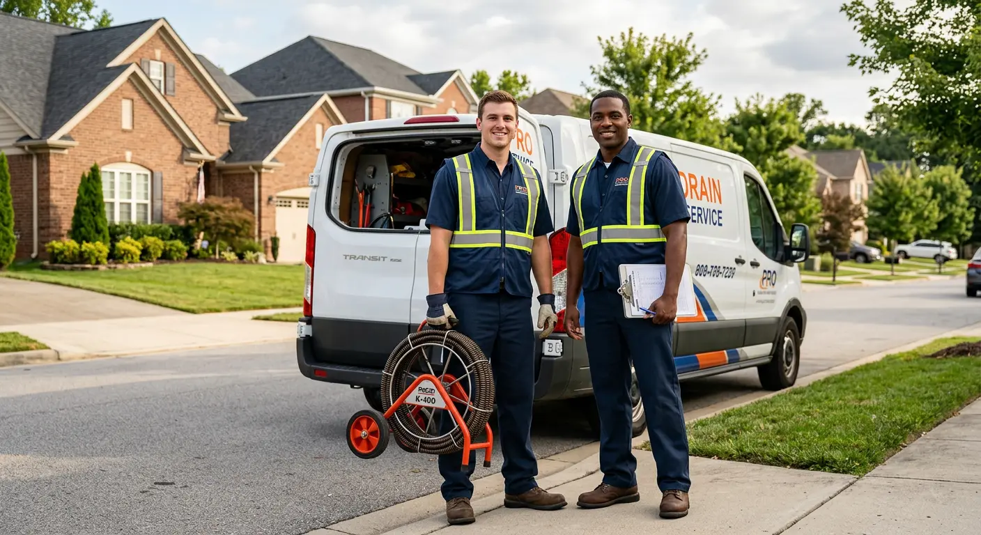 Sewer and drain service team with equipment ready for work in Greenville